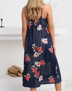 Sukienki Letnie|Sukienki Długie^Royalfashion Granatowa damska midi sukienka na ramiączkach w groszki Granatowy