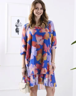 Sukienki Krótkie^Royalfashion Granatowa sukienka damska z printem i falbanką Granatowy