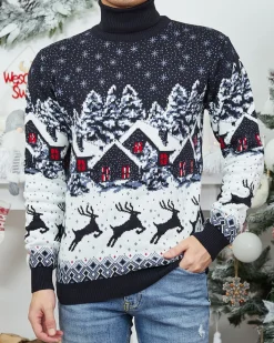 Bluzki^Royalfashion Granatowy świąteczny męski sweter z golfem biały