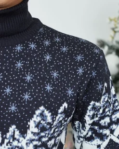 Bluzki^Royalfashion Granatowy świąteczny męski sweter z golfem biały