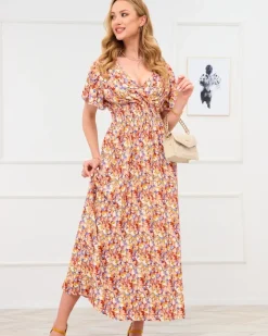 Sukienki Letnie|Sukienki Długie^Royalfashion Jasnobrązowa damska sukienka maxi w kwiaty brązowy