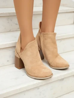 Botki Bez Ocieplenia|Botki Na Słupku^Royalfashion Jasnobrązowe damskie botki z wycięciami Plinara Camel