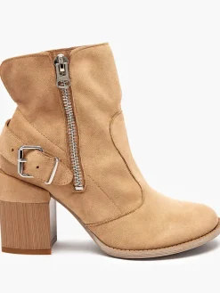 Botki Bez Ocieplenia|Botki Na Słupku^Royalfashion Jasnobrązowe eko zamszowe damskie botki na słupku Emrica