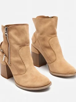 Botki Bez Ocieplenia|Botki Na Słupku^Royalfashion Jasnobrązowe eko zamszowe damskie botki na słupku Emrica