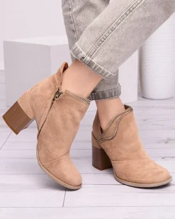 Botki Bez Ocieplenia|Botki Na Słupku^Royalfashion Jasnobrązowe damskie ocieplane botki na słupku Mukis jasny brązowy