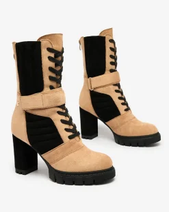 Botki Z Delikatnym Ociepleniem|Botki Sznurowane^Royalfashion Jasnobrązowe damskie ocieplane botki na słupku Sehhra jasny brązowy