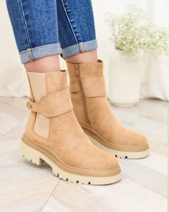 Botki Z Delikatnym Ociepleniem|Botki Na Płaskim Obcasie^Royalfashion Jasnobrązowe damskie botki z ozdobnym paskiem Doasa brązowy