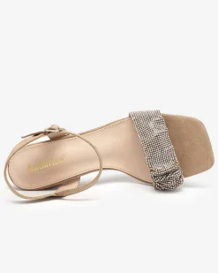 Buty Na Wielkie Wyjście|Sandały Na Słupku^Royalfashion Jasnobrązowe damskie sandałki na słupku z cyrkoniami Triesta jasny brązowy