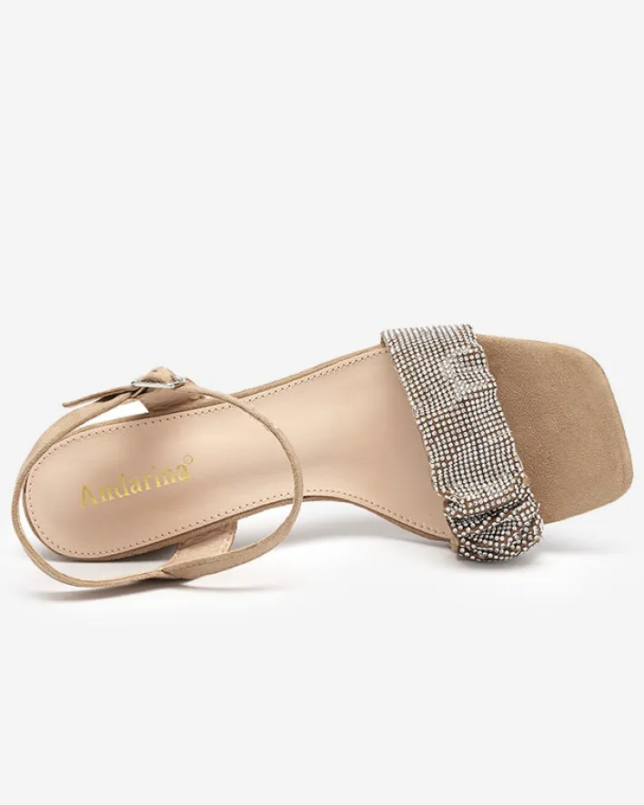 Buty Na Wielkie Wyjście|Sandały Na Słupku^Royalfashion Jasnobrązowe damskie sandałki na słupku z cyrkoniami Triesta jasny brązowy