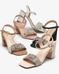 Buty Na Wielkie Wyjście|Sandały Na Słupku^Royalfashion Jasnobrązowe damskie sandałki na słupku z cyrkoniami Triesta jasny brązowy