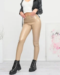 Eko Skórzane|Legginsy / Tregginsy^Royalfashion Jasnobrązowe damskie winylowe legginsy brązowy