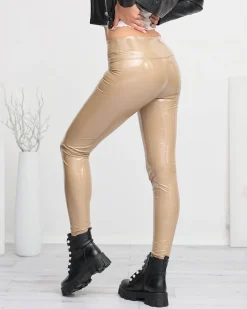 Eko Skórzane|Legginsy / Tregginsy^Royalfashion Jasnobrązowe damskie winylowe legginsy brązowy