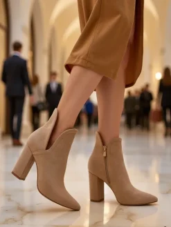 Botki Bez Ocieplenia|Botki Na Słupku^Royalfashion Jasnobrązowe damskie botki na słupku z wycięciem Alania beżowy