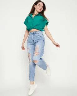 Jeansy^Royalfashion Jasnoniebieskie damskie spodnie jeansowe z dziurami