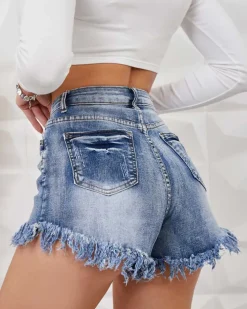 Krótkie Spodenki^Royalfashion Jeansowe damskie krótkie spodenki Ecru