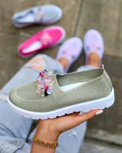 Półbuty^Royalfashion damskie materiałowe półbuty z kryształkami Fezens khaki