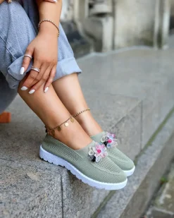 Półbuty^Royalfashion damskie materiałowe półbuty z kryształkami Fezens khaki