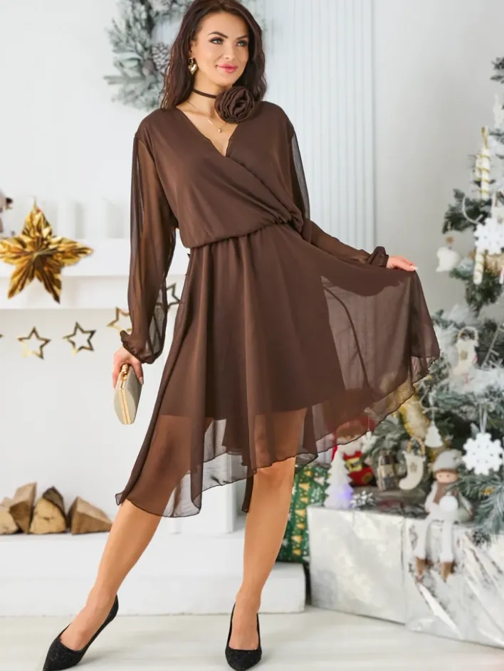 Sukienki Na Imprezę|Sukienki Krótkie^Royalfashion Klasyczna damska sukienka do kolana Ciemnobrązowy