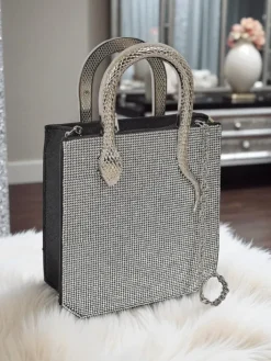 Małe Torebki^Royalfashion Kopertowa torebka damska z cyrkoniami i rączkami węża Snake Glam czarny