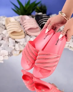 Klapki Basenowe|Klapki Płaskie^Royalfashion owe damskie klapki z cyrkoniami Mytaris Koral