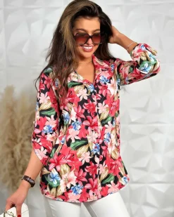Bluzki / Koszule / Koszulki^Royalfashion Koszula damska w kwiaty czerwony