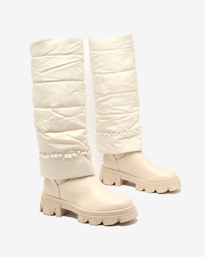 Kozaki Na Płaskim Obcasie|Kozaki Z Ociepleniem^Royalfashion Kozaki damskie w kolorze owym Ameroe krem