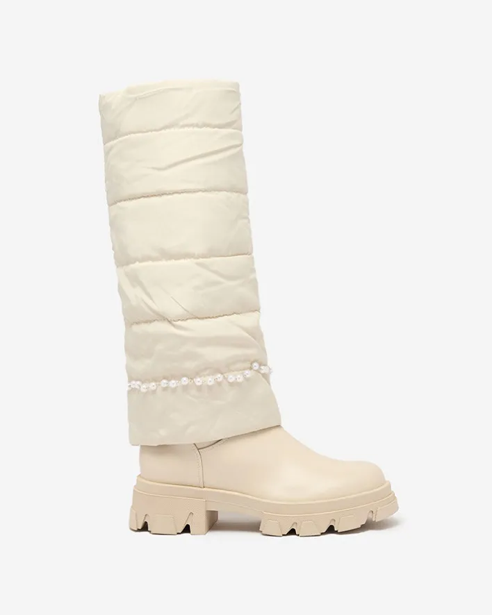 Kozaki Na Płaskim Obcasie|Kozaki Z Ociepleniem^Royalfashion Kozaki damskie w kolorze owym Ameroe krem