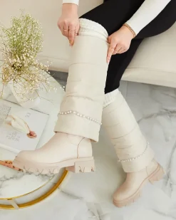 Kozaki Na Płaskim Obcasie|Kozaki Z Ociepleniem^Royalfashion Kozaki damskie w kolorze owym Ameroe krem