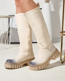 Kozaki Na Płaskim Obcasie|Kozaki Z Ociepleniem^Royalfashion owe damskie kozaki do połowy łydki Astaroth krem