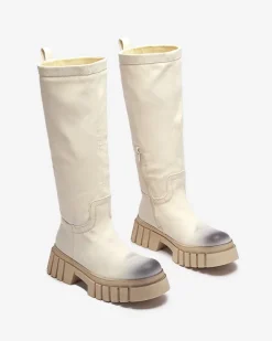 Kozaki Na Płaskim Obcasie|Kozaki Z Ociepleniem^Royalfashion owe damskie kozaki do połowy łydki Astaroth krem