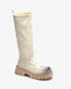 Kozaki Na Płaskim Obcasie|Kozaki Z Ociepleniem^Royalfashion owe damskie kozaki do połowy łydki Astaroth krem