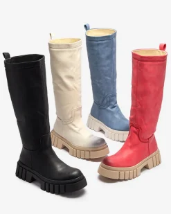 Kozaki Na Płaskim Obcasie|Kozaki Z Ociepleniem^Royalfashion owe damskie kozaki do połowy łydki Astaroth krem