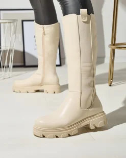 Kozaki Na Płaskim Obcasie|Kozaki Bez Ocieplenia^Royalfashion owe damskie kozaki do połowy łydki Vebissa krem