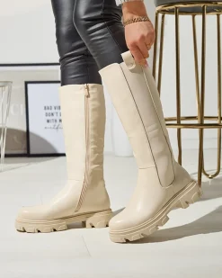 Kozaki Na Płaskim Obcasie|Kozaki Bez Ocieplenia^Royalfashion owe damskie kozaki do połowy łydki Vebissa krem