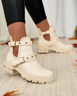 Botki Bez Ocieplenia|Botki Na Płaskim Obcasie^Royalfashion Kremowe damskie zdobione botki na płaskim obcasie Jewel Walk