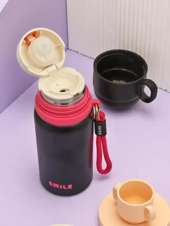 Akcesoria^Royalfashion Kubek termiczny termos z kubeczkiem Happy Smile czarny