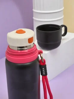 Akcesoria^Royalfashion Kubek termiczny termos z kubeczkiem Happy Smile czarny