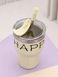 Akcesoria^Royalfashion Kubek termiczny ze słomką Beautiful biały