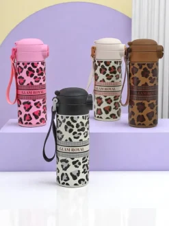 Akcesoria^Royalfashion Kubek termiczny z ustnikiem Glam Leo czarny