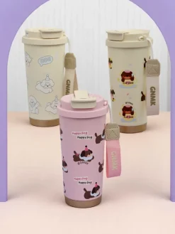 Akcesoria^Royalfashion Kubek termiczny z koszyczkiem, słomką i ustnikiem Happy Dog różowy