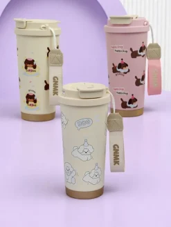 Akcesoria^Royalfashion Kubek termiczny z koszyczkiem, słomką i ustnikiem Happy Dog biały