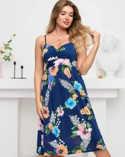 Sukienki Letnie|Sukienki Krótkie^Royalfashion Kwiatowa sukienka do kolan w kolorze m Granatowy