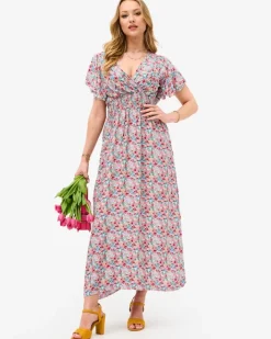 Sukienki Letnie|Sukienki Długie^Royalfashion Kwiecista beżowa damska sukienka midi z kopertowym dekoltem beżowy