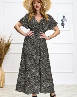 Sukienki Letnie|Sukienki Długie^Royalfashion Kwiecista czarna damska sukienka czarny