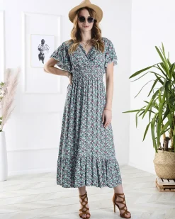 Sukienki Letnie|Sukienki Długie^Royalfashion Kwiecista damska sukienka midi w kolorze niebieskim Ecru