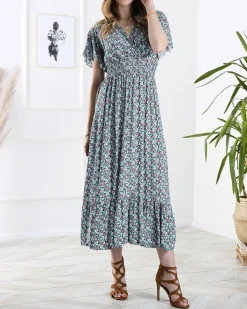 Sukienki Letnie|Sukienki Długie^Royalfashion Kwiecista damska sukienka midi w kolorze niebieskim Ecru