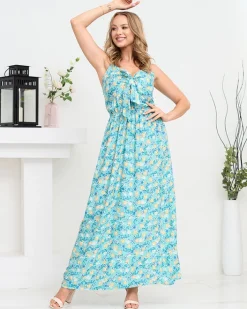 Sukienki Letnie|Sukienki Długie^Royalfashion Kwiecista damska sukienka maxi na ramiączkach w kolorze niebieskim Ecru
