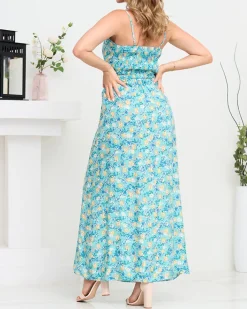 Sukienki Letnie|Sukienki Długie^Royalfashion Kwiecista damska sukienka maxi na ramiączkach w kolorze niebieskim Ecru