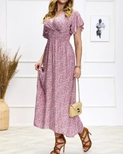 Sukienki Letnie|Sukienki Długie^Royalfashion Kwiecista damska różowa sukienka midi różowy