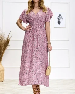 Sukienki Letnie|Sukienki Długie^Royalfashion Kwiecista damska różowa sukienka midi różowy